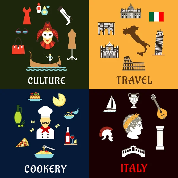 Italie monuments, culture et cuisine icônes plates — Image vectorielle