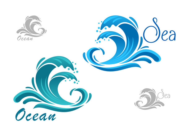 Blue sea waves icon with water splash — Stock Vector