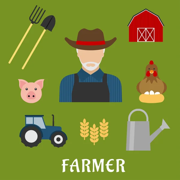 Farmer and agriculture flat icons — Stok Vektör