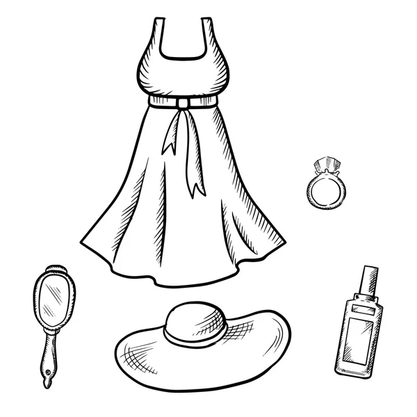 Dress, sun hat, ring, mirror and perfume sketch — Stock Vector