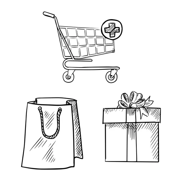 Shopping cart, gift box and shopping bag sketches — ストックベクタ