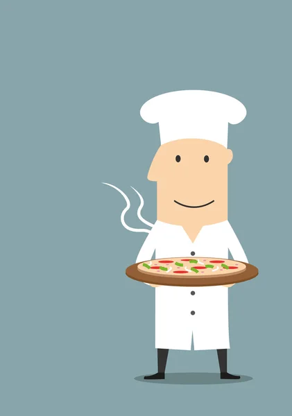 Пекарь в белой шляпе с горячей пиццей пепперони — стоковый вектор