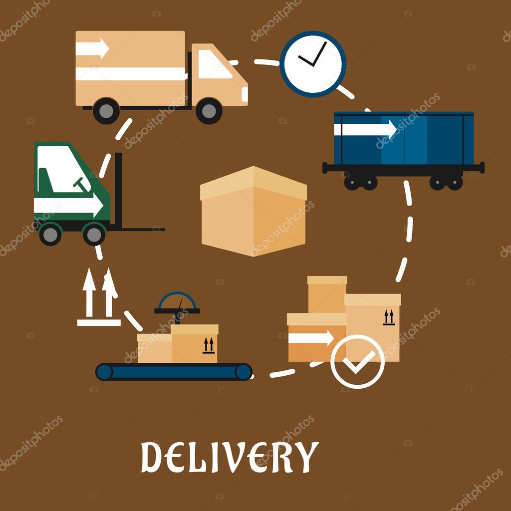 Delivery, shipping and logistics flat icons with container train, delivery packages, truck, scale conveyor, packaging signs, forklift truck, clock with cardboard box