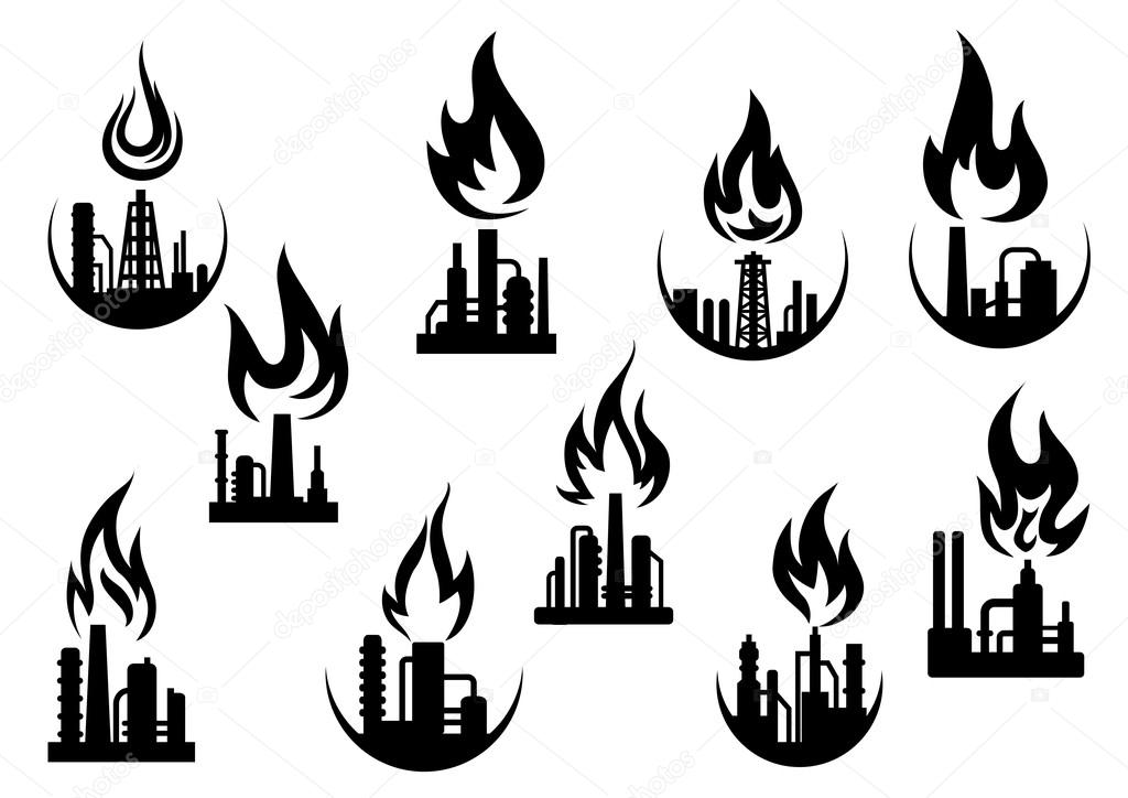 Petroleum refinery and chemical industrial plant icons set with silhouettes of flare stacks, pipes and flames above them, for oil and gas industry theme