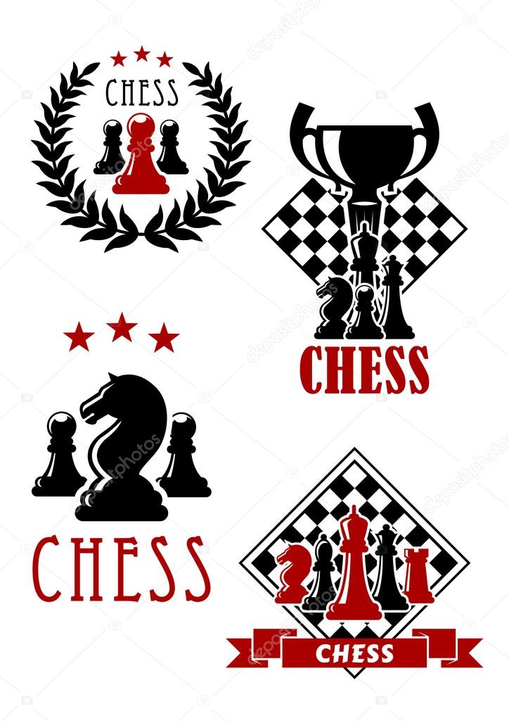 Chess tournament icons and emblems with king, queen, rook, bishop and pawn pieces with chessboard and trophy cup, adorned by stars, wreath and ribbon banner