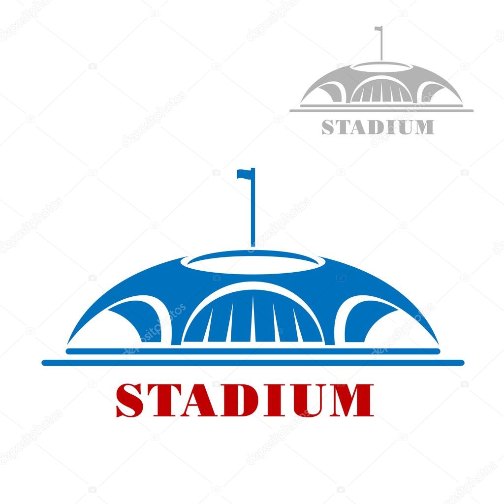 Sport stadium complex icon with blue shaped modern arena building with arch entrances and flag on the top of the roof, for sport theme design