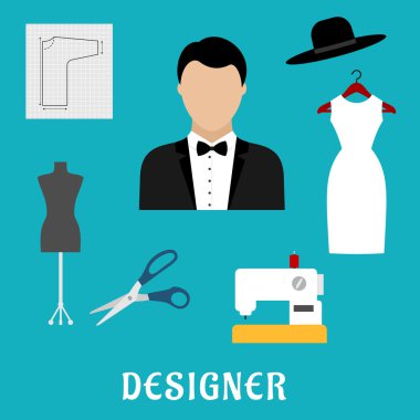 Fashion designer with sewing tools and clothing