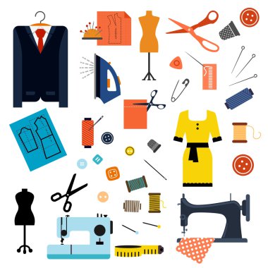 Sewing or tailoring flat icons and items