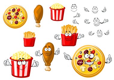 Pizza, chicken leg, french fries and popcorn