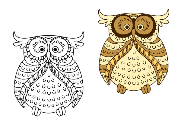 Cartoon yellow owl with brown striped wings — Stockvector