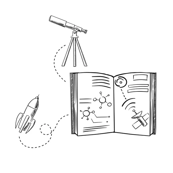 Razzo, telescopio e schizzi di libri di astronomia — Vettoriale Stock