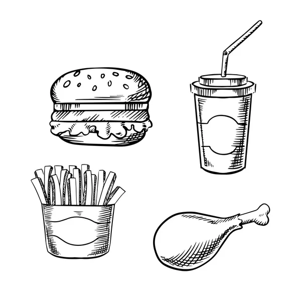 Hamburguesa, papas fritas, pierna de pollo y soda — Vector de stock