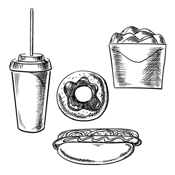 Iconos de bocetos de comida rápida, postre y bebida — Vector de stock