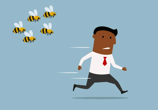 Cartoon businessman running away from bees — 스톡 벡터