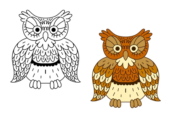 Cartoon outline brown owl bird — 스톡 벡터