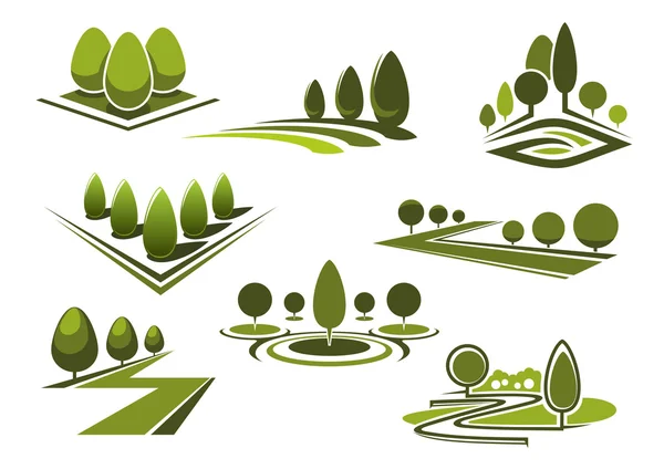 Parks and gaden icons with green trees — Stock vektor