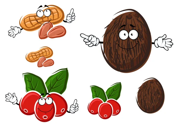 Cartoni animati caffè, cocco e arachidi personaggi — Vettoriale Stock