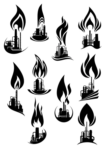 Usines de pétrole et de gaz icônes noires — Image vectorielle