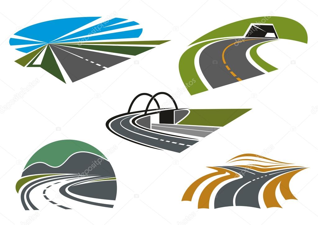 Forked road, mountain highways with tunnel and steep turn, road bridge and speed freeway with blue sky, for transportation industry or travel theme icon design