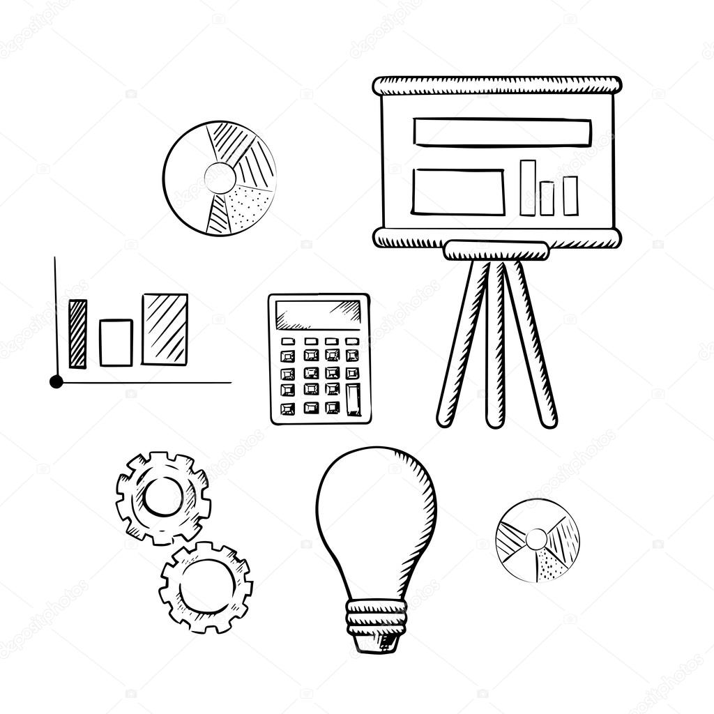 Flip chart, graphs, calculator, idea and gears