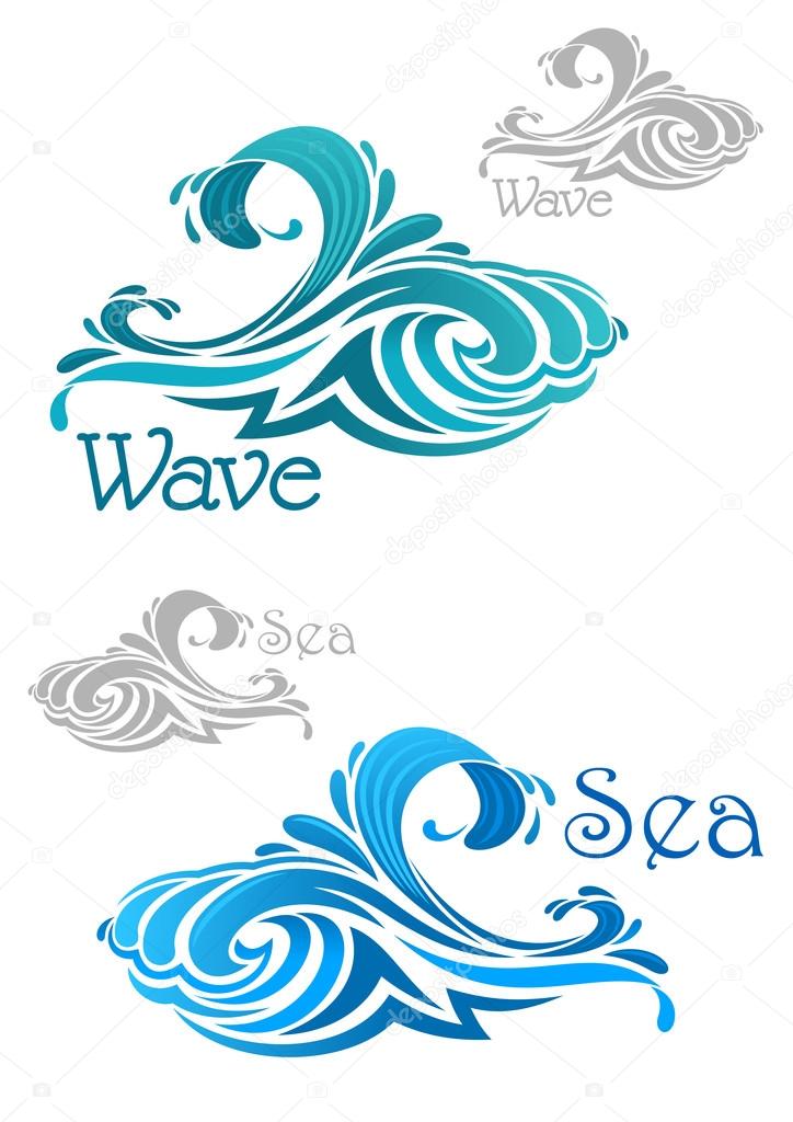 Curling sea and ocean waves icons with teal and blue water swirls, text Wave and Sea. For nature or ecology theme, or power concept design