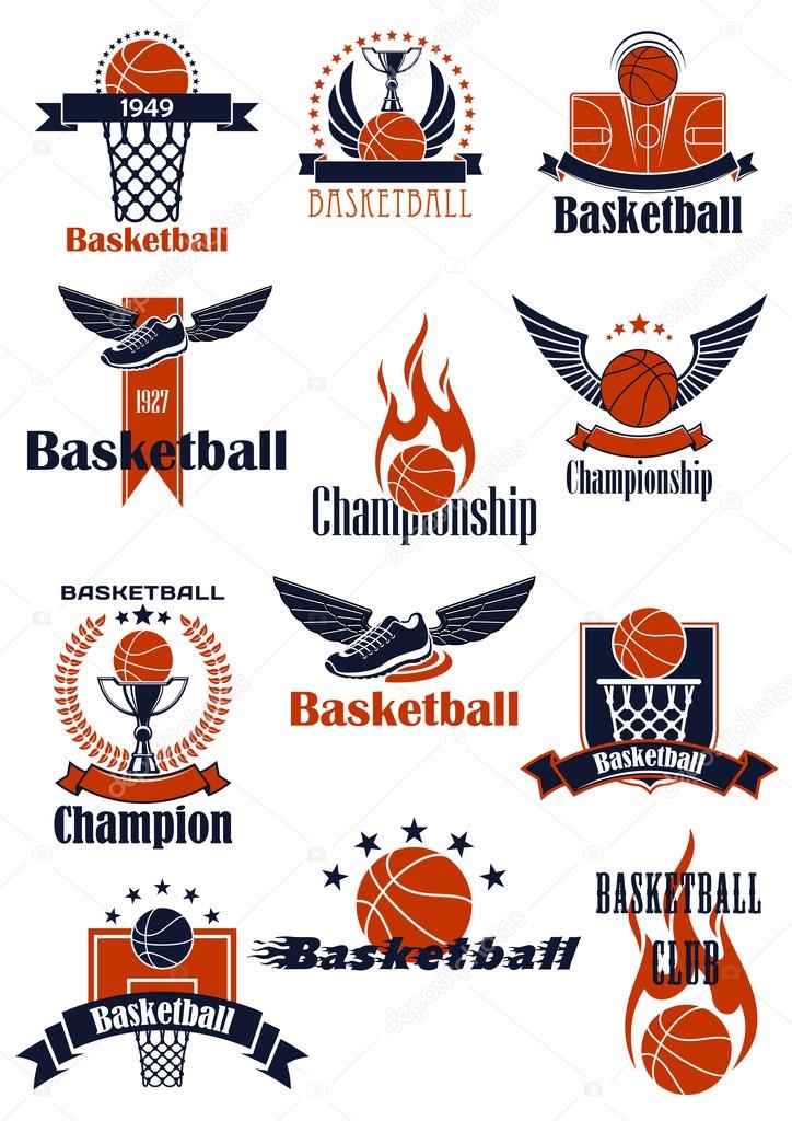 Basketball club or championship emblems and icons with balls, trophies, backboards with baskets, court and winged shoes, supplemented by wings, flames, stars, wreath and ribbon banners