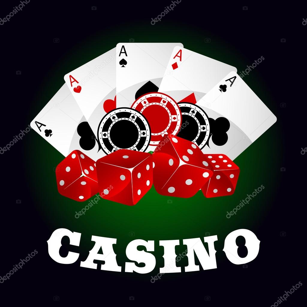 Casino icons with glossy red dices, gambling chips and winning combination of poker aces on the background. For gambling industry theme design
