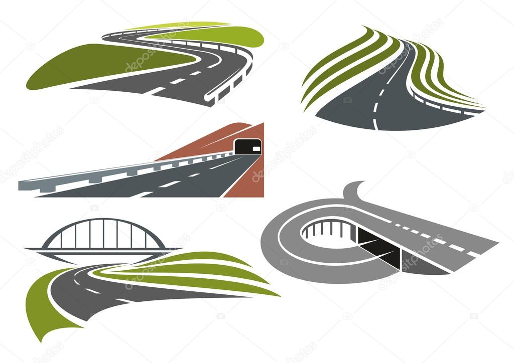 Winding roads among green fields, freeway with railroad bridge, highway interchange with ramp and mountainside road with tunnel, for transportation theme design