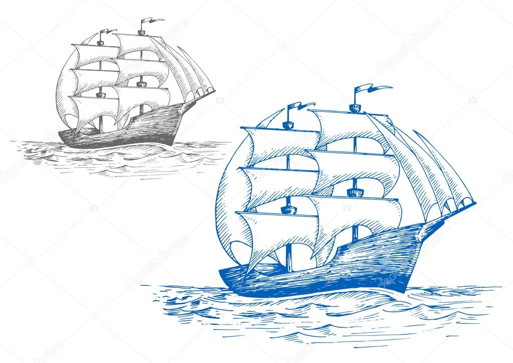 Sailing brig in ocean under full sail