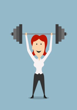 Businesswoman holding dumbbell above head