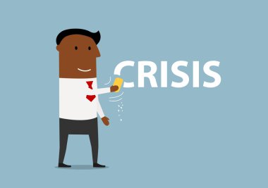 Smiling cartoon businessman erasing Crisis
