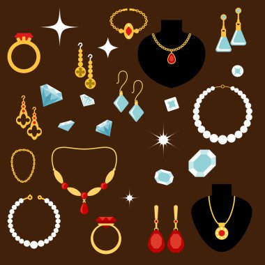 Jewelleries and gemstones flat icons clipart