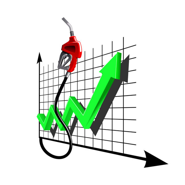 Chart of growth fuel prices with gas pump nozzle
