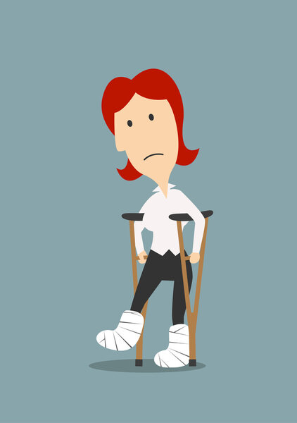 Injured woman with broken legs on crutches