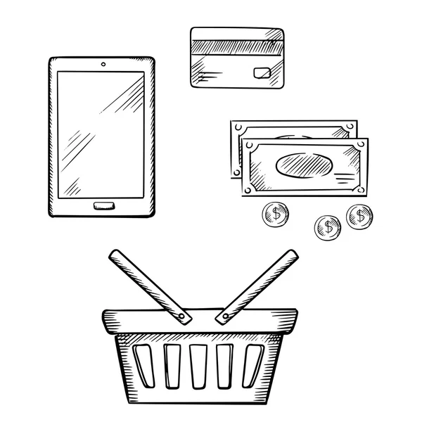 Iconos de compras con tableta, dinero y tarjeta de crédito — Vector de stock