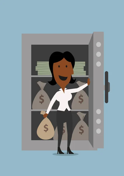 Black businesswoman opening bank safe — Stockvector