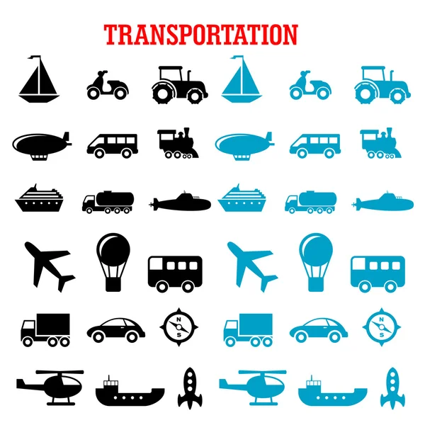 Black and blue flat transportation icons — Stok Vektör