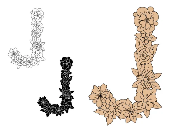 Fuente floral letra mayúscula J con flores florecientes — Vector de stock