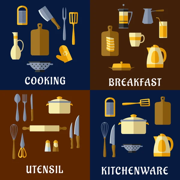 Utensilios de cocina y utensilios de cocina iconos planos — Vector de stock