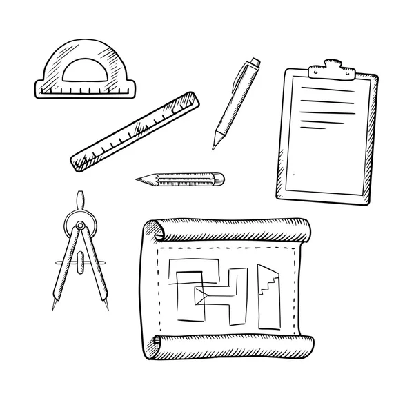 Dibujo del arquitecto y bocetos de herramientas — Vector de stock