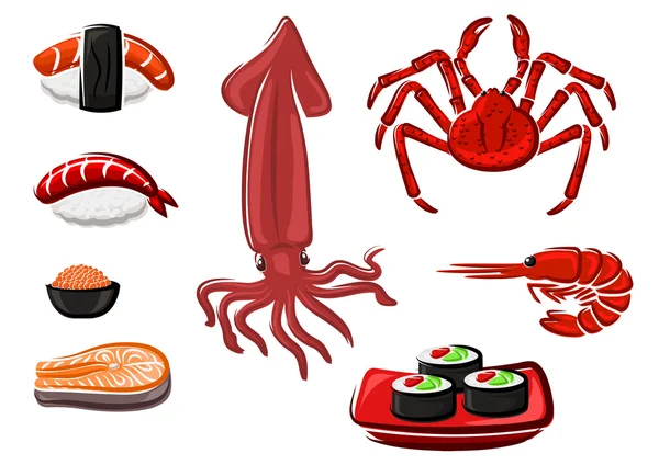 Fresh healthy seafood set in cartoon style — Stock vektor