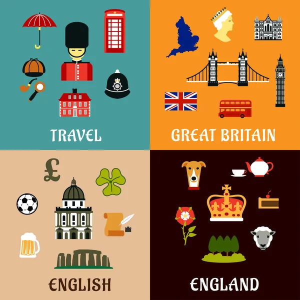 Great Britain travel landmarks flat icons — Διανυσματικό Αρχείο