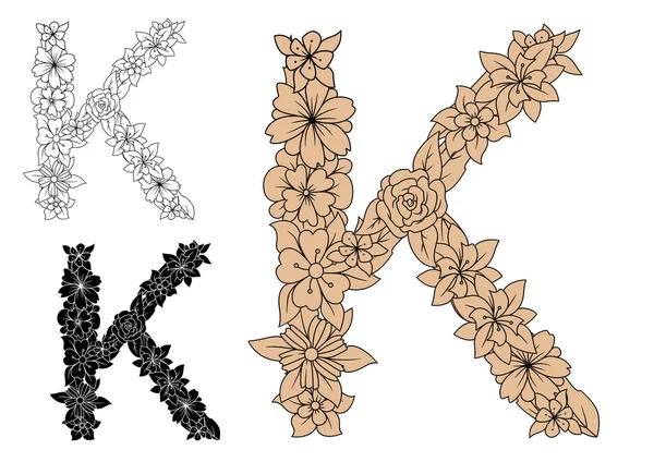 Dainty floral letter K with decorative foliage — Stockový vektor