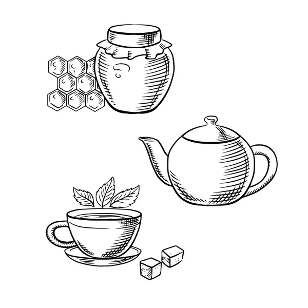 Cup of tea, honey jar and teapot sketches — Stok Vektör