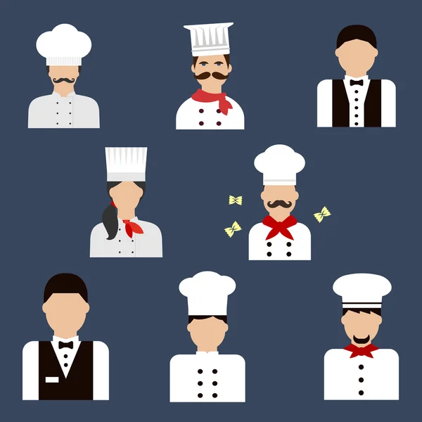 Chefs, panaderos y camareros iconos avatar plana — Archivo Imágenes Vectoriales