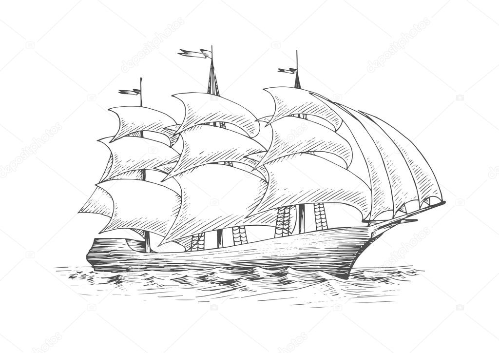 Sailing ship on the ocean with fluttering sails