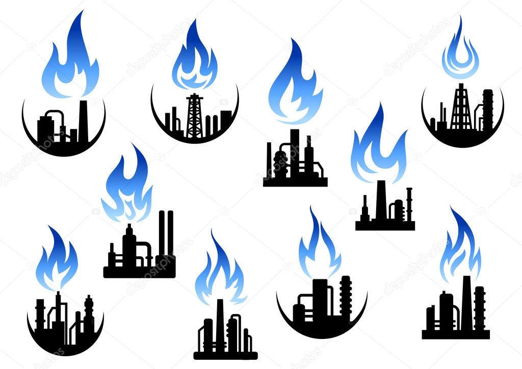 Silhouettes of petroleum refineries, natural gas processing and chemical plants icons set with ornamental blue flame above their pipes, for oil industry themes design