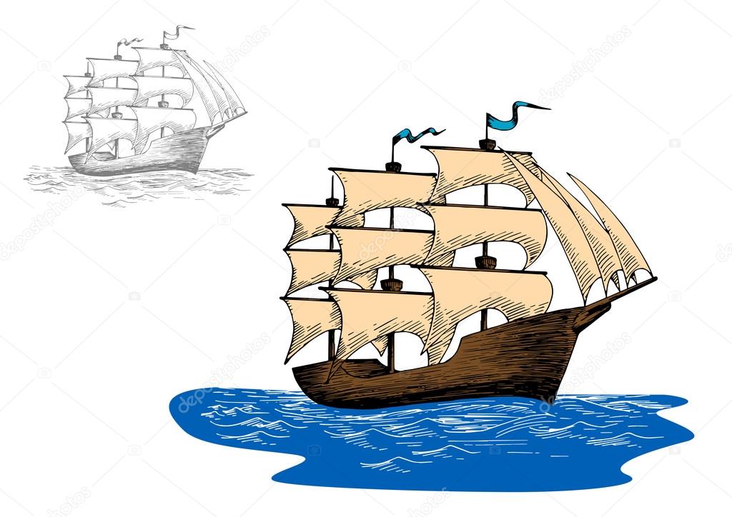 Old sailing ship in calm blue ocean