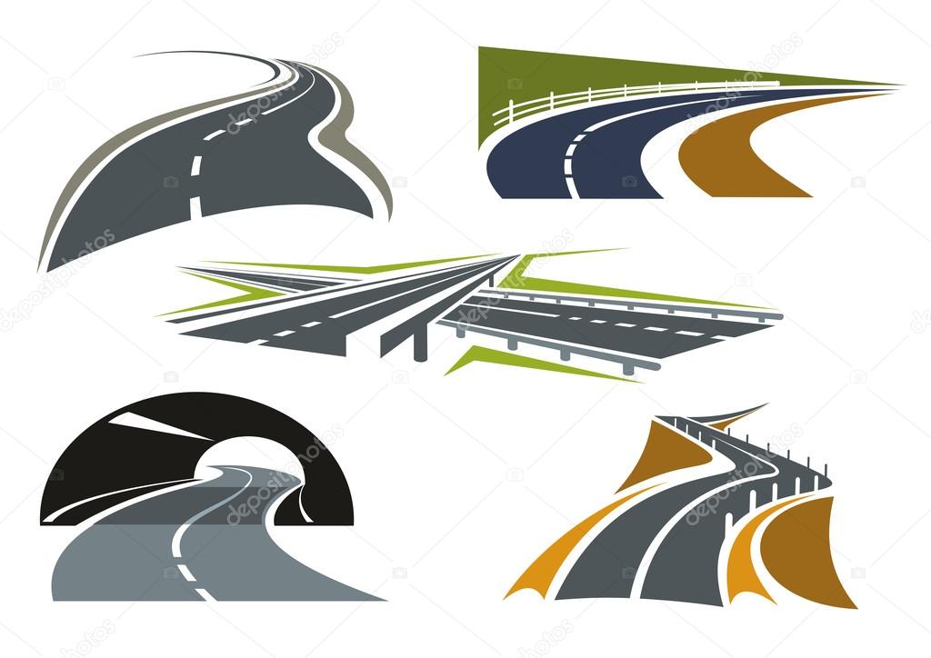 Modern freeway icons with overpass interchange, highway tunnel, bypass rural roads and mountain road over precipice. For travel or car trip design