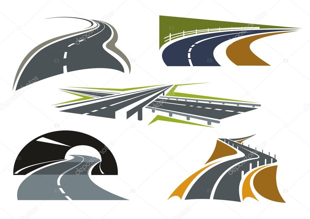 Road, freeway and highway icons set